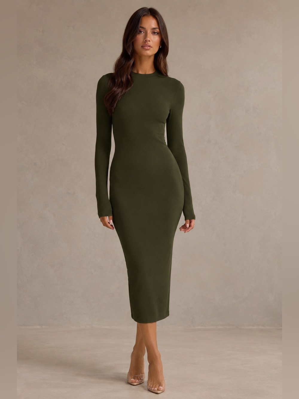 Naked Wardrobe NW Mock Neck Long Sleeve Midi Dress Olive Green